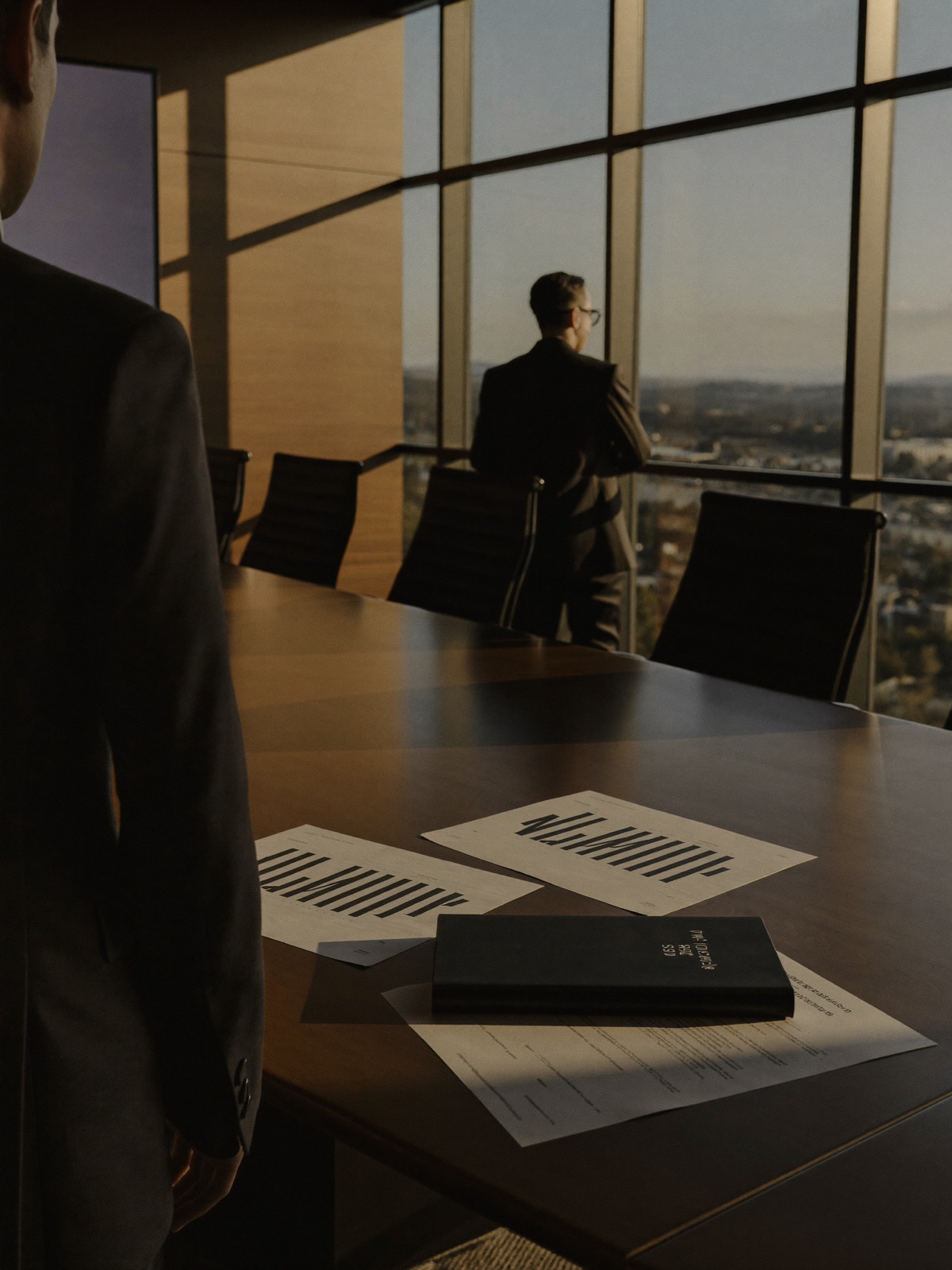 Executives reviewing an energy feasibility report in a boardroom