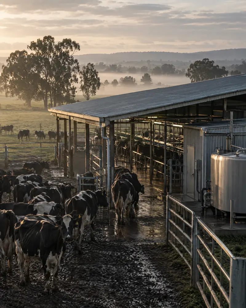 Dairy farm milking shed in early morning light