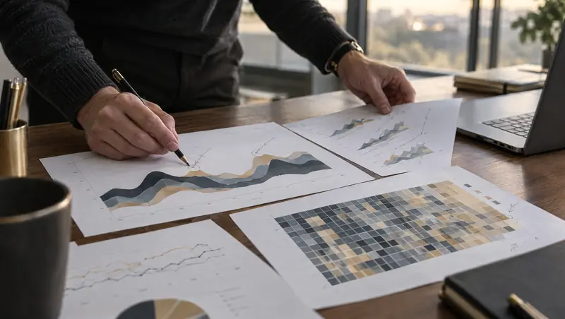 An analyst arranging printed charts of a business's daily electricity usage